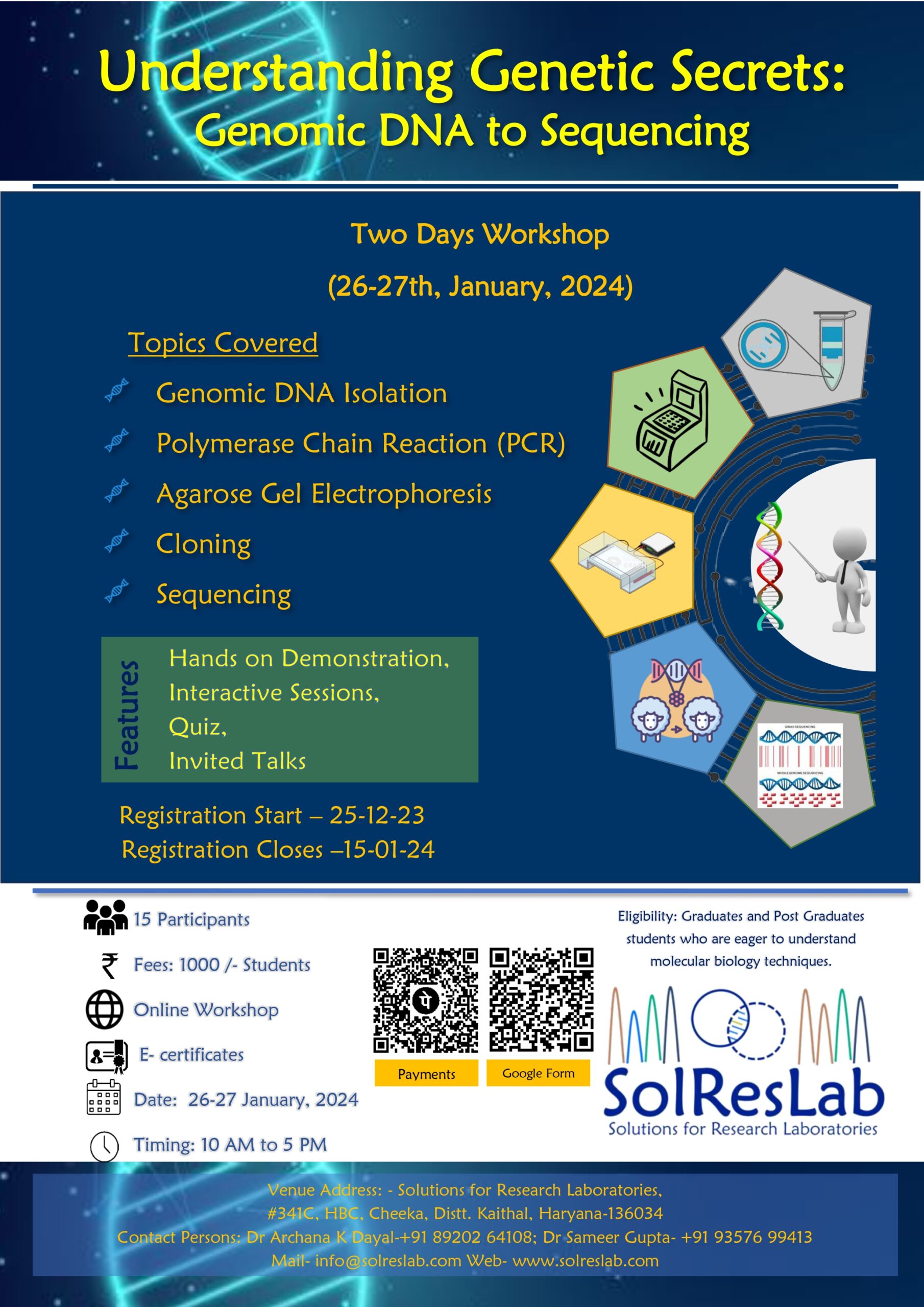 Organizer: SolResLab
Convener: Dr Archana Dayal
Laboratory Resources: Dr Vajinder Kumar
Lectures: Dr Alkesh Hada, ARO Israel
Dr Vajinder Kumar, SolResLab, Cheeka